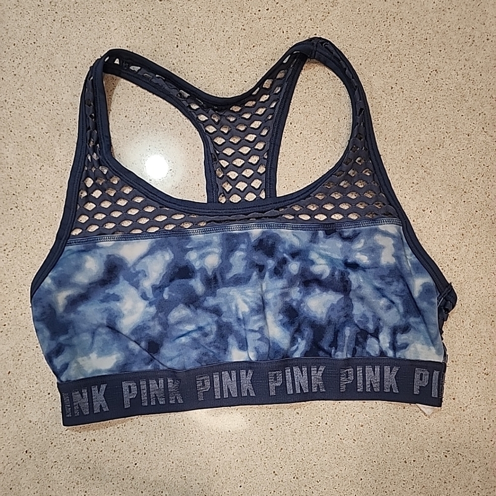 PINK Victoria's Secret Blue Ultimate Unlined Tie Dye Sports Bra Mesh Large